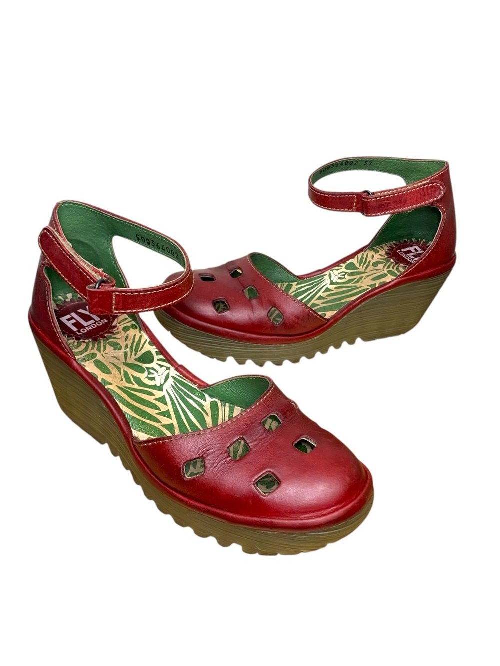 Fly London Yuna Red Leather Ankle-Strap Wedge Sandals Sz 37 Feminine Pinups Shoe